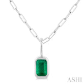 6x4 MM Bezel Set Emerald Cut Precious Fashion Pendant With Paperclip Chain in 14K White Gold